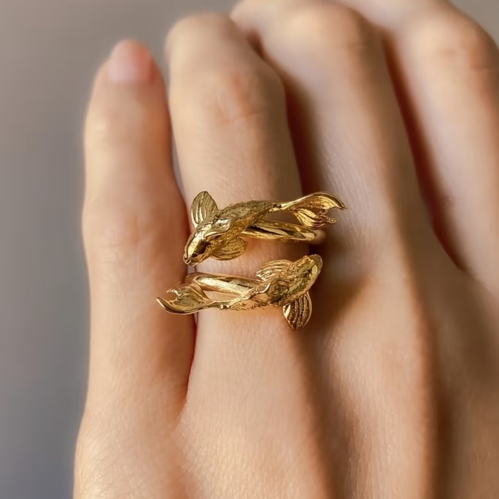 Unique Double Gold Koi Fish Ring. Adjustable Stylish open Ring 🐠 (A0-11) - Picture 2 of 9